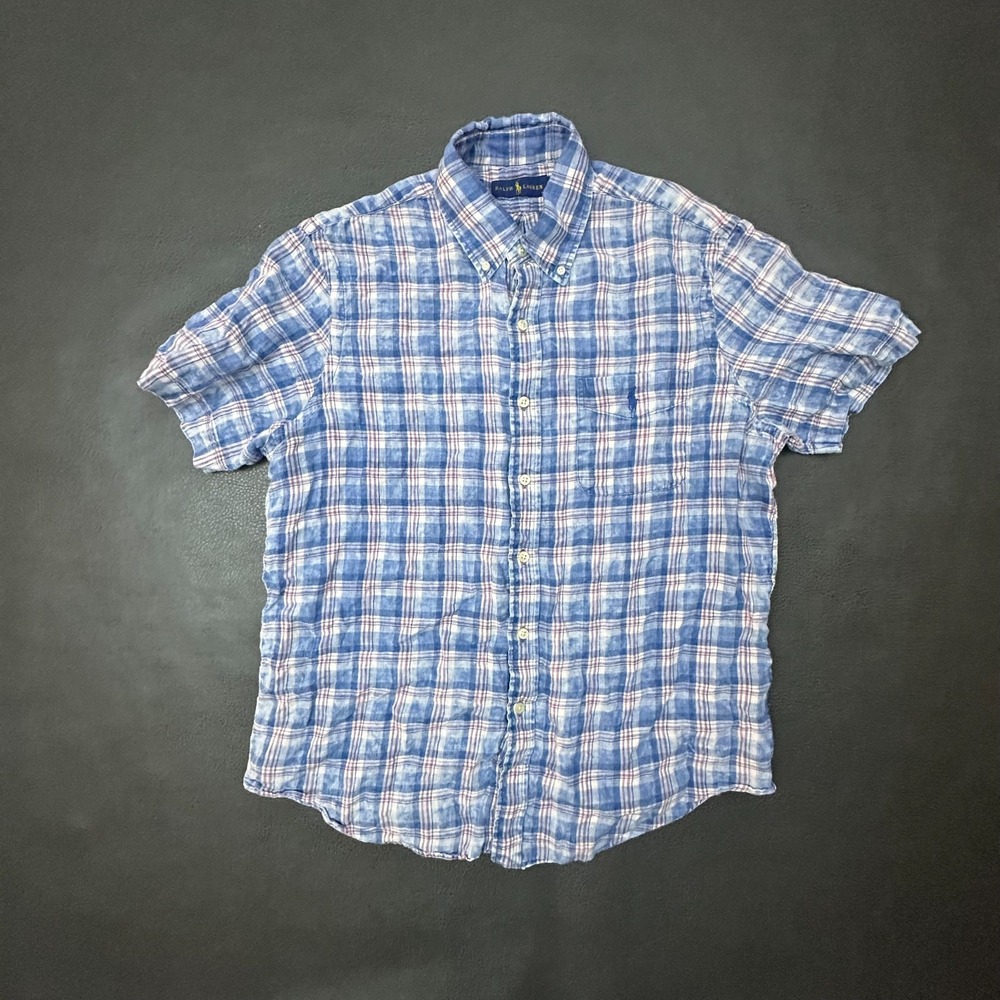 Ralph Lauren Shirt Mens Large Blue 100% Linen Plaid Comfort Casual Prep Coastal